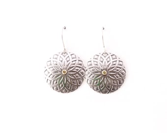 Cultural silver earrings, fashionable and versatile round silver dangles w/ an intricate ethnic pattern - "Silver Mandala Earrings - small"