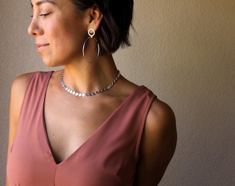 Simple and modern silver choker length necklace of connected silver discs named after Goddesses of Art and Literature - "Muse Choker"
