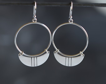 Lightweight round silver earrings with crescent dangles that have 3 parallel chisel lines, unique and eye-catching design - "Nova Earrings"