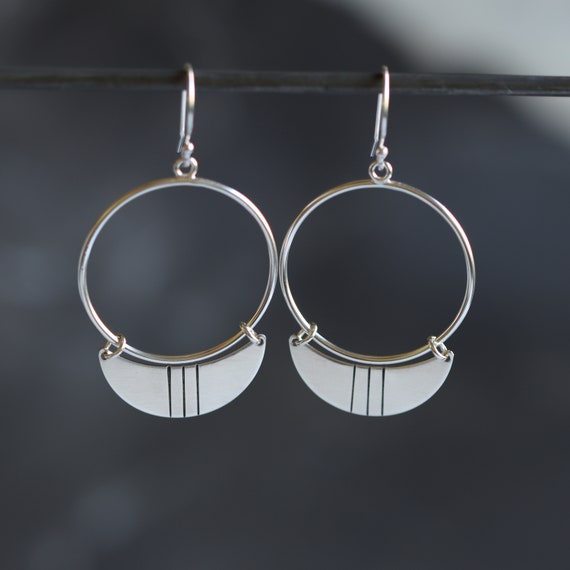 Lightweight Round Silver Earrings With Crescent Dangles That Have 3  Parallel Chisel Lines, Unique and Eye-catching Design nova Earrings - Etsy