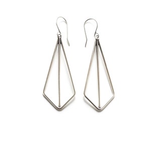 Modern geometric earrings of angles and lines handmade of sterling silver wire formed into a striking kite shape Silver Kite Earrings image 1