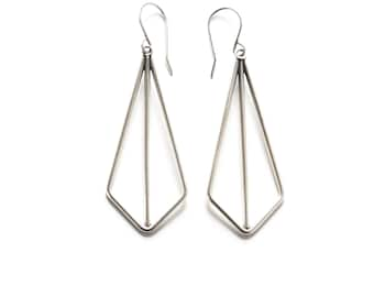 Modern geometric earrings of angles and lines handmade of sterling silver wire formed into a striking kite shape - "Silver Kite Earrings"