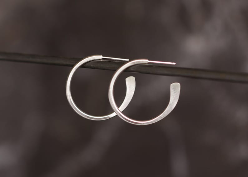 Everyday classic hoop earrings handmade of sturdy silver wire with hammered ends for a sleek modern look Hammered Tail Hoops small image 6