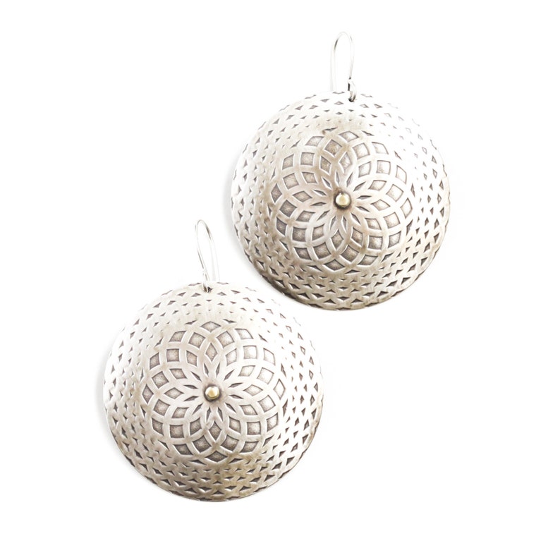 Cultural silver earrings, bold round silver dangles with an intricate pattern and earthy feel, travel inspired Silver Mandala Earrings image 2