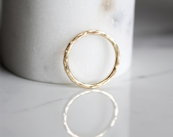 Modern 14K yellow gold band with hammered texture, simple and perfect for wearing alone or stacking, timeless & minimalist - "Gold Uno Ring"