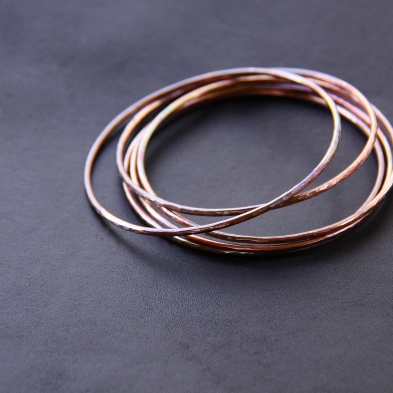 Set of five hammered copper bracelets formed and heat treated for a unique and modern look and splash of fall colors Desert Bangles image 2