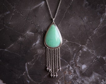 Julep fringe necklace - OOAK - pale green chrysoprase and sterling silver long boho style pendant