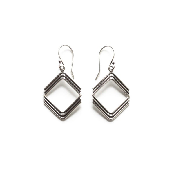 Diamond shaped silver earrings handmade of individually formed wires joined to form a geometric rhombus shape - "Heera Earrings"