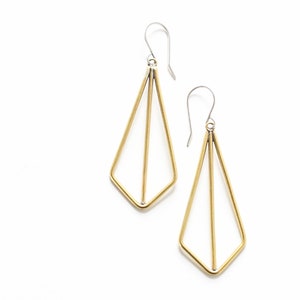 Modern and geometric earrings of angles and lines handmade of brass wire formed into a visually striking kite shape Brass Kite Earrings image 1