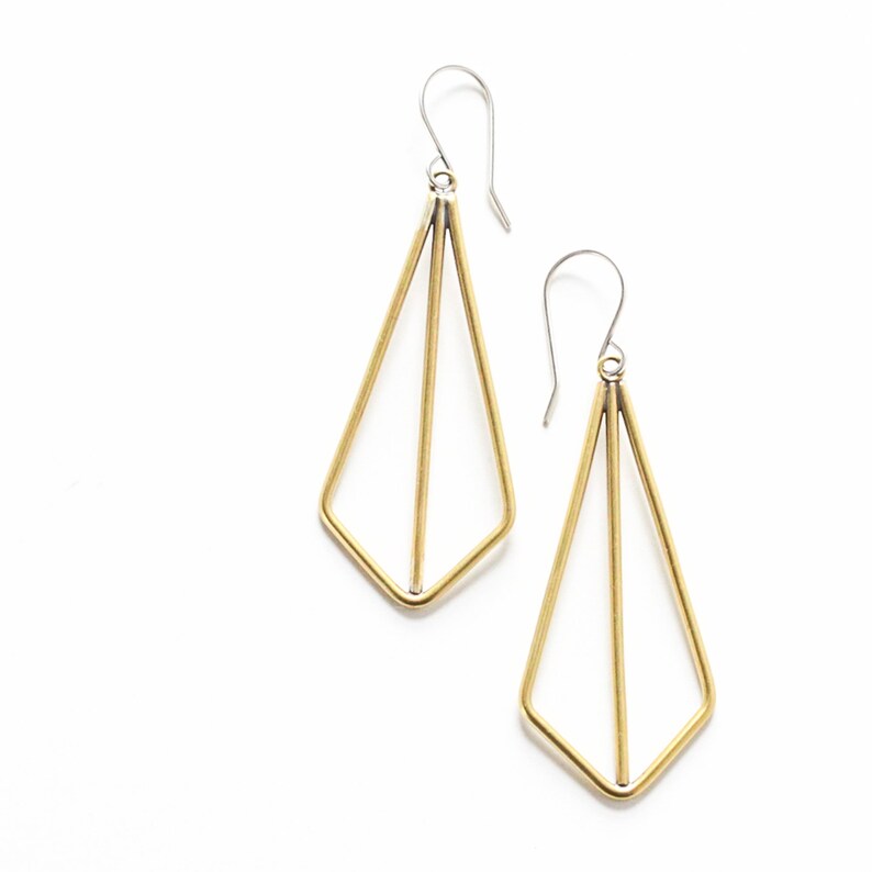 Modern and geometric earrings of angles and lines handmade of brass wire formed into a visually striking kite shape Brass Kite Earrings image 1