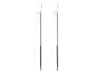 Monochromatic boho sterling silver earrings, a dramatic combination of light silver tube and dark oxidized silver chain - "Analog Earrings"