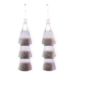 Sterling silver veil earrings of three dramatically connected trapezoid shapes each of which is textured and domed Drape Earrings image 3