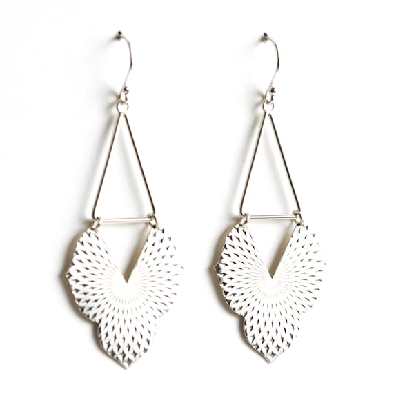 Old world meets modern and geometric in these unique earrings, embossed sterling silver with a triangle - "Silver Alhambra Earrings"