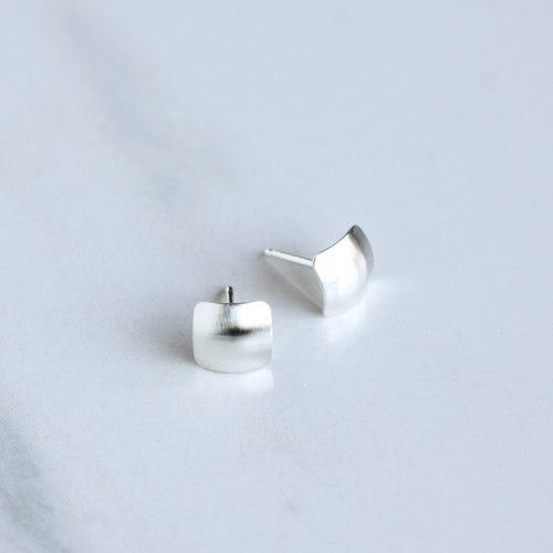 Tiny Silver Earrings With a Modern Square Shape Domed for a - Etsy