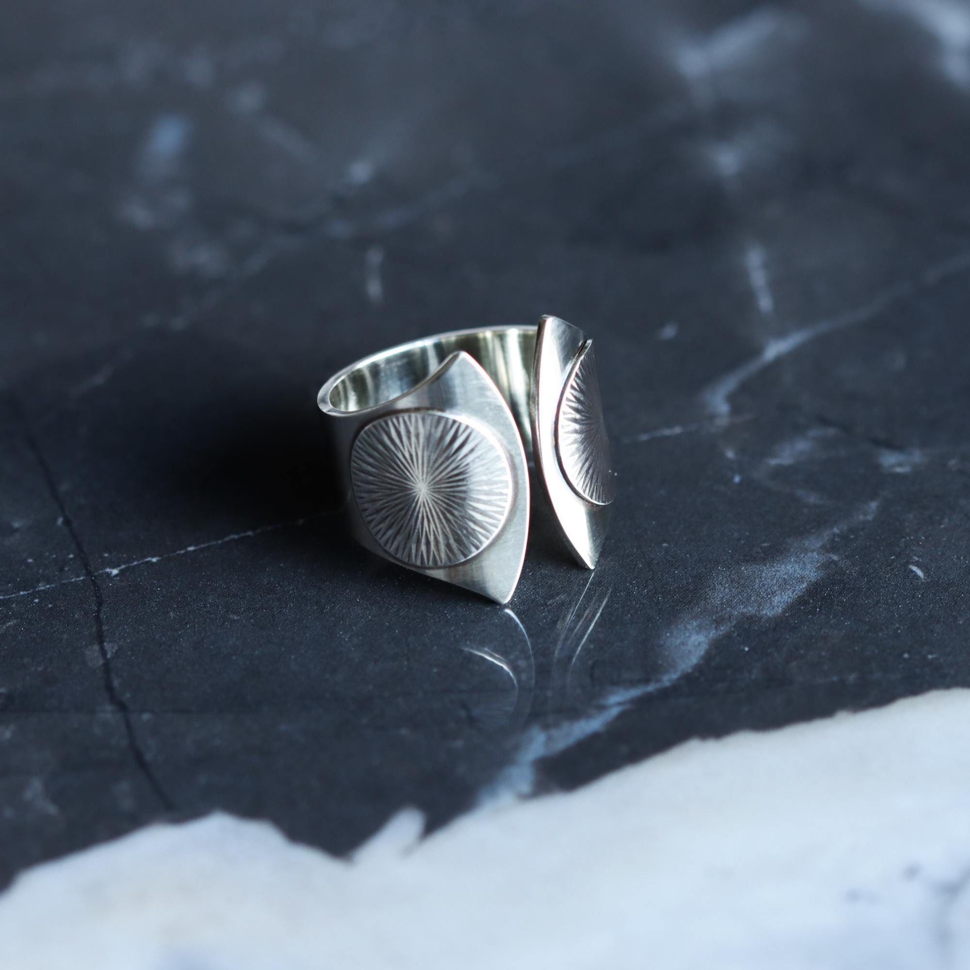 Wide Band Silver Ring With a Sun Solar Motif and a Dual Fluted Shape ...