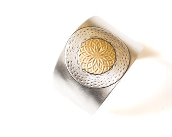 Large statement cuff bracelet handmade of brass and sterling silver circles w/ intricate pattern on a wide tapered base - "Mandala Cuff"