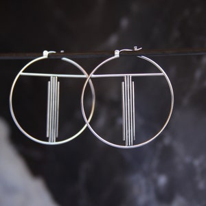 Geometric hoop art deco earring design with strong vertical lines as a focal point, distinctive lightweight silver jewelry - "Paloma Hoops"