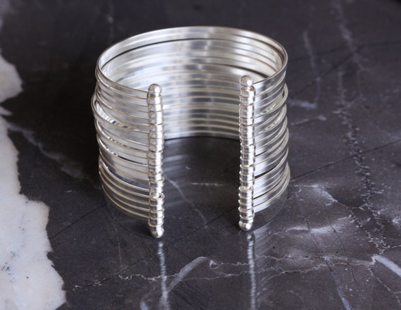 Bold statement cuff, compilation of many individual flattened sterling silver wires formed into a dramatic bracelet - "Isobel Cuff"