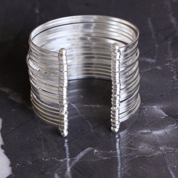 Bold statement cuff, compilation of many individual flattened sterling silver wires formed into a dramatic bracelet - "Isobel Cuff"