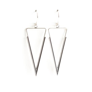 Long geometric pair of triangular shape dangles with plenty of movement, lightweight, monochromatic and visually striking - "Rilke earrings"