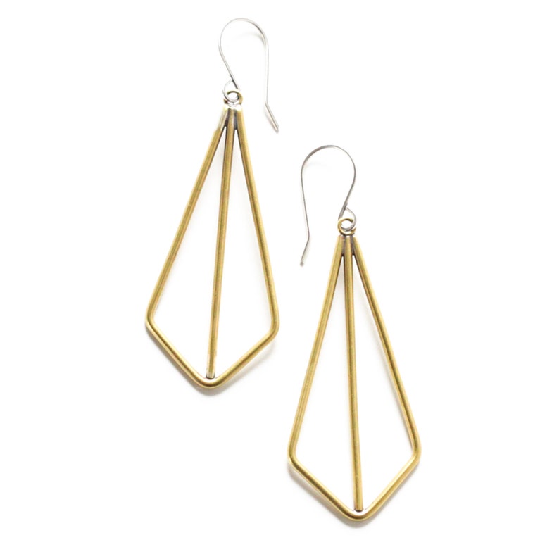 Modern and geometric earrings of angles and lines handmade of brass wire formed into a visually striking kite shape Brass Kite Earrings image 3