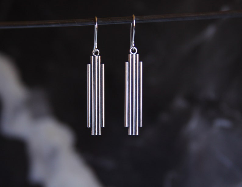 Art deco earrings, geometric line style sterling silver earrings, minimalist global modern lightweight ear dangles Toltec Earrings image 5