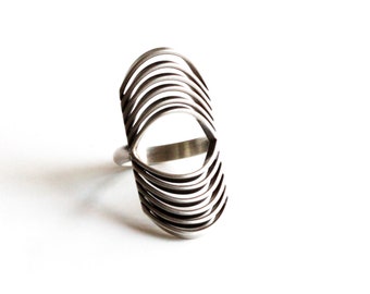 Modernist sterling silver ring, unique and visually prominent jewelry design of curved wires - "Tribe ring"