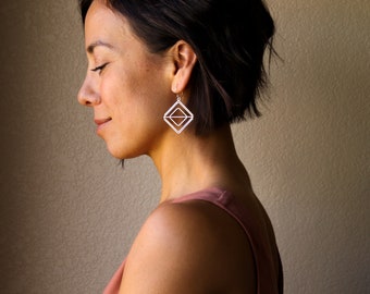 Striking and unique lightweight diamond shaped silver earrings handmade of individually formed wires in a geometric shape - "Vesta Earrings"