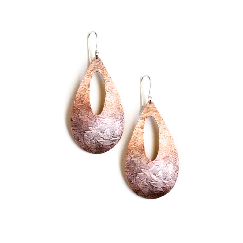 Bold copper earrings in a large teardrop shape oxidized and embossed for depth and added visual appeal Wheat Fields Earrings image 6