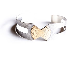 Mixed metal cuff bracelet inspired by old-world ethnic Morocco, geometric design of brass sunburst circle on silver - "Soukaina Cuff"