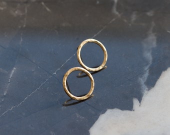 Modern solid 14K gold earrings handmade in a modern classic style for a pair of round hammered studs - "Petite Simple Classic Circles"