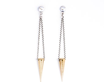 Modern and edgy dangle earrings, a mixed metal design of a brass spear hanging from lightly oxidized silver rolo chain - "Pike Earrings"