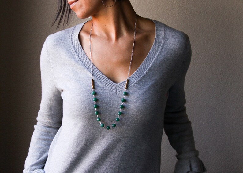 Tula necklace sterling silver and forest green chalcedony beads with a bright pairing of brass beads long length necklace