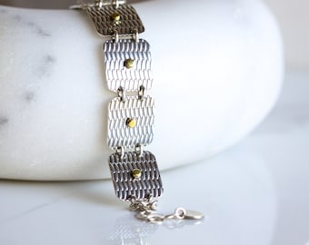 Mixed metal bracelet, silver and brass global modern design of 7 cushion square shapes, perfect worn alone or stacked - "Weaver Bracelet"