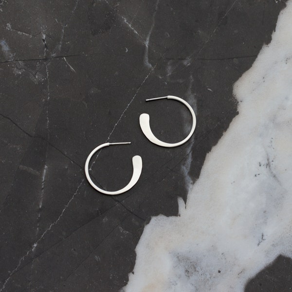 Everyday classic hoop earrings handmade of sturdy silver wire with hammered ends for a sleek modern look - "Hammered Tail Hoops - small"