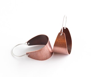 Arc shaped copper earrings lightly patterned and oxidized, perfect for everyday wear and a splash of color - "Small Copper Scoop Earrings"