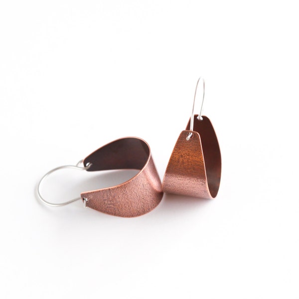 Arc shaped copper earrings lightly patterned and oxidized, perfect for everyday wear and a splash of color - "Small Copper Scoop Earrings"
