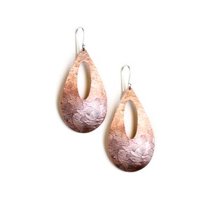 Bold copper earrings in a large teardrop shape oxidized and embossed for depth and added visual appeal Wheat Fields Earrings image 5