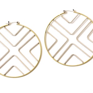 Vibrant and bold mix metal hoop earrings handmade with brass and sterling silver joined in a geometric pattern boho style Solis Earrings image 3