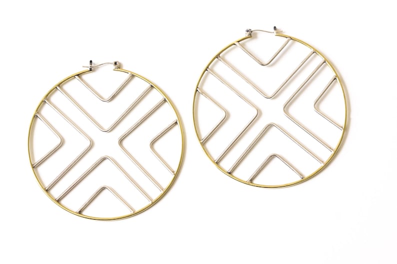 Vibrant and bold mix metal hoop earrings handmade with brass and sterling silver joined in a geometric pattern boho style Solis Earrings image 3