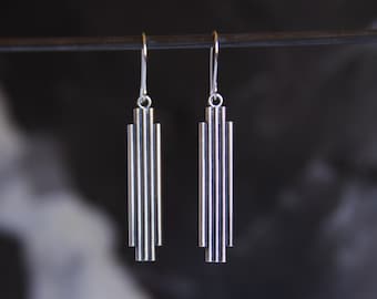 Art deco earrings, geometric line style sterling silver earrings, minimalist global modern lightweight ear dangles - "Toltec Earrings"