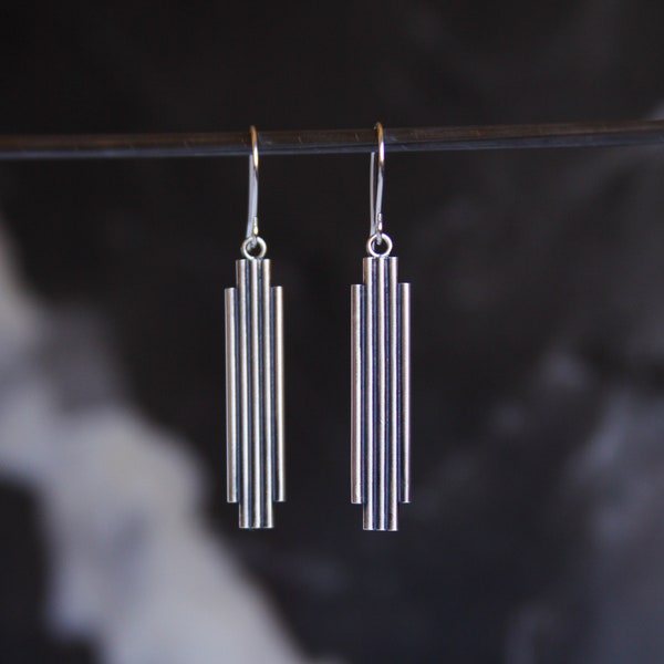 Art deco earrings, geometric line style sterling silver earrings, minimalist global modern lightweight ear dangles - "Toltec Earrings"