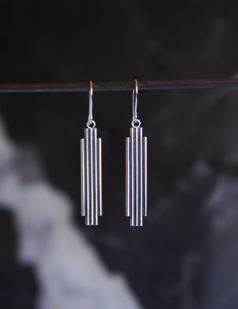 Art deco earrings, geometric line style sterling silver earrings, minimalist global modern lightweight ear dangles Toltec Earrings image 1