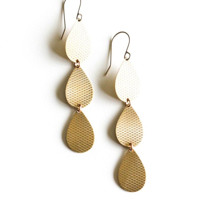 Warm brass earrings handmade with a trio of textured brass teardrops connected in a linear line Lena Earrings Brass image 5