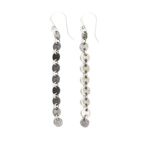 Long silver earrings of 9 connected silver discs named after Goddesses of Art and Literature - "Muse Earrings"