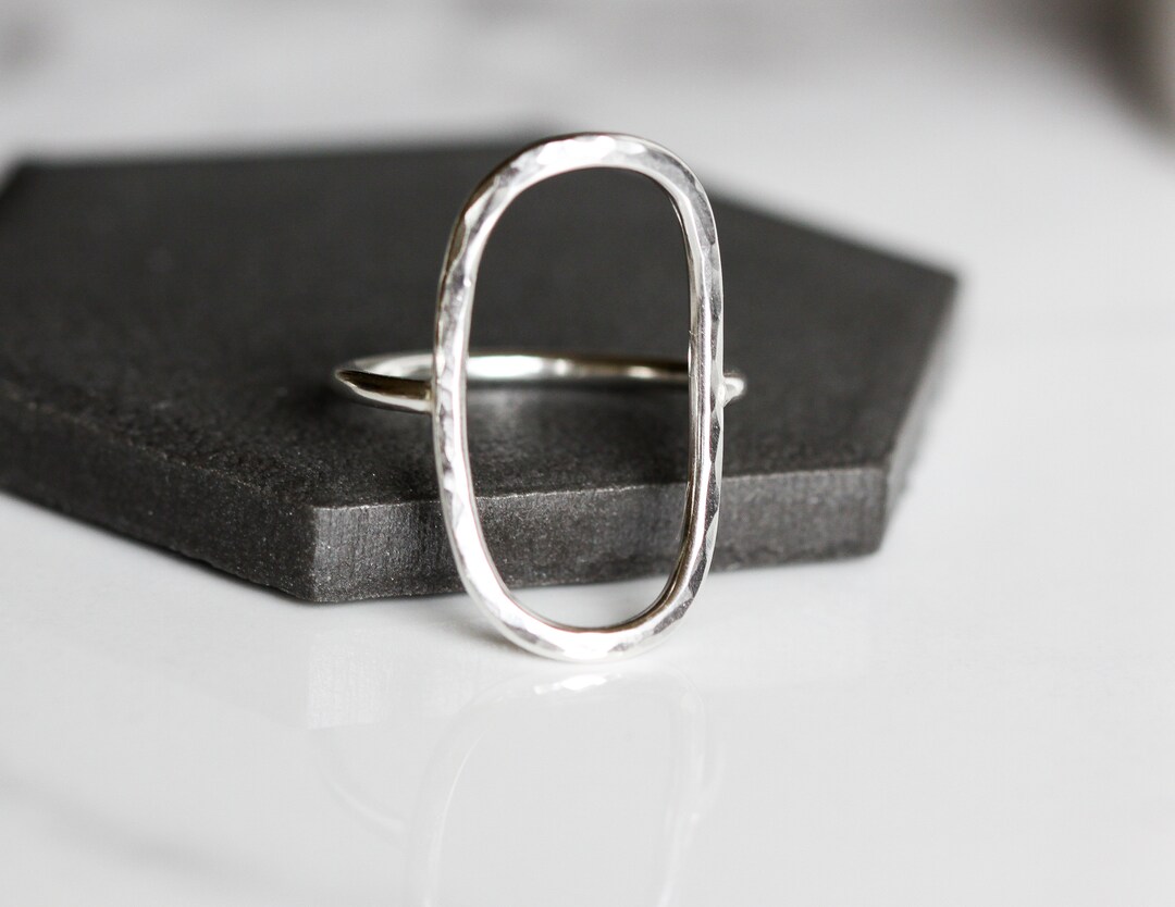 Petite Rounded Rectangular Dainty Sterling Silver Ring With Hammered ...