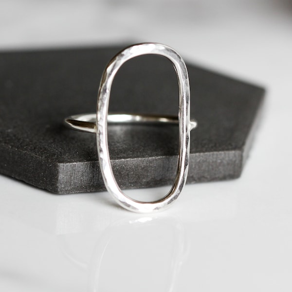 Petite rounded rectangular dainty sterling silver ring with hammered texture, lightweight airy design perfect for everyday - "Aether Ring"