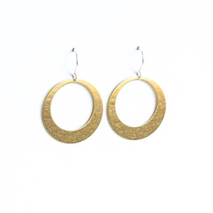 Sleek hoop earrings handmade with embossed brass and french earwires, comfortable and lightweight Lunar Hoops in Brass image 4