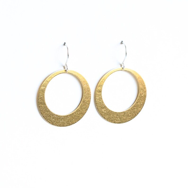 Sleek hoop earrings handmade with embossed brass and french earwires, comfortable and lightweight Lunar Hoops in Brass image 4
