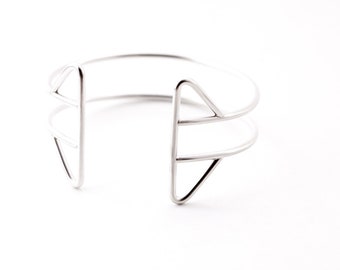 Sleek silver cuff bracelet, unique style of dual wire construction with flared ends, airy and comfortable to wear anywhere - "Verve Cuff"